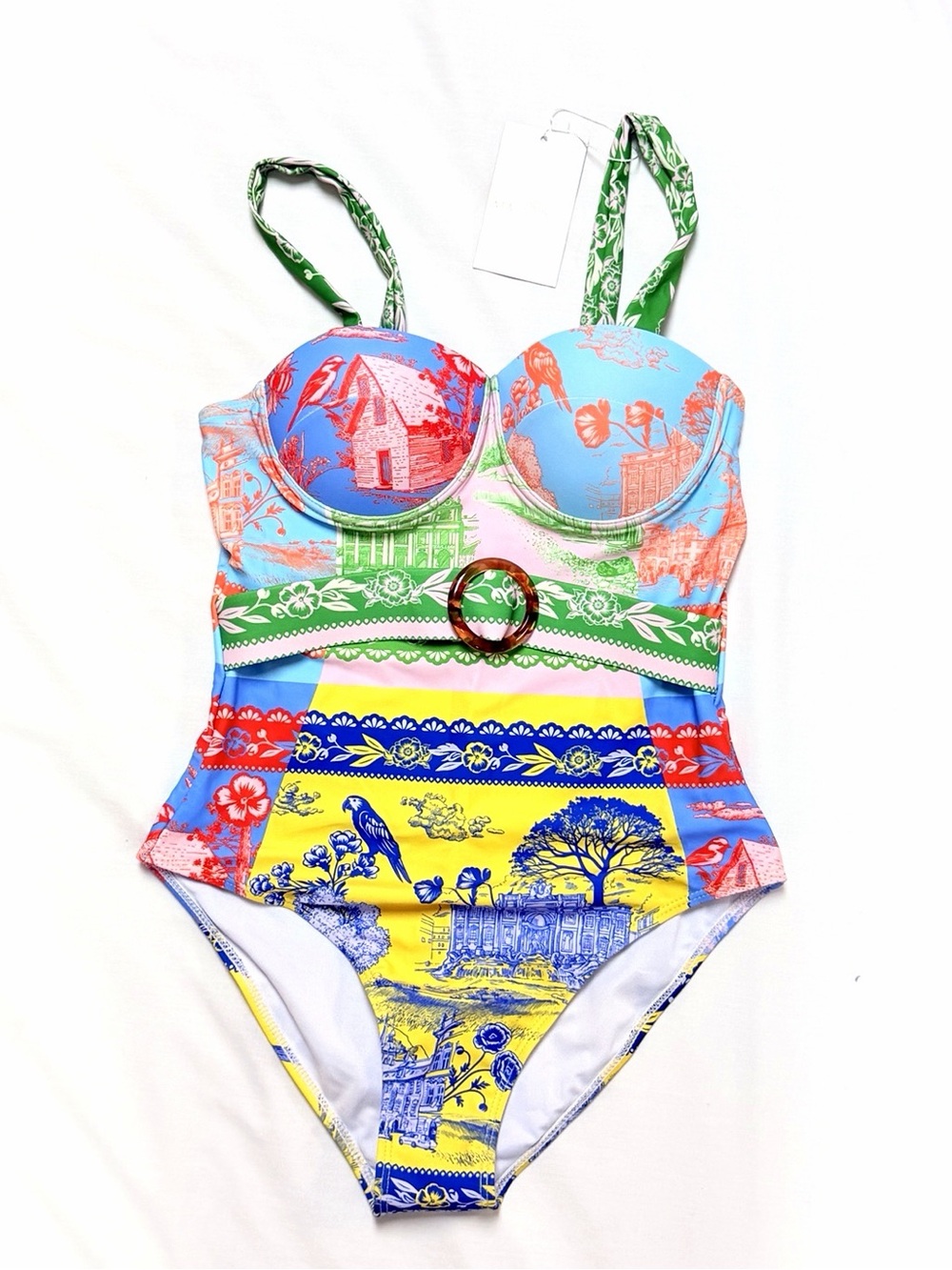 Endless Moon Colorful Toile One Piece Swimsuit S Underwire Padded Belted New - Picture 2 of 13